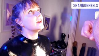 Latex Babe Drools on Catsuit, Licks Heels and Gloves, and Gets Covered in Cum